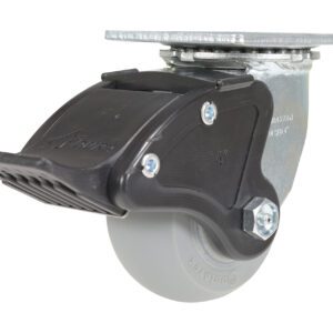 The Vestil 4X2 Polyolefin Swivel W/ Total Brake comes with a gray rubber tire, metal mounting plate, and black foot pedal for complete braking, improving furniture or equipment mobility.