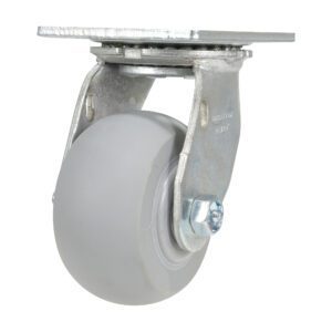 A gray rubber caster wheel with a metal mounting plate and bracket, similar to the Vestil 4X2 Polyolefin Swivel. Featuring intricate manufacturing details, this centrally-bolted wheel is perfect for improving furniture or equipment mobility.