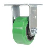 The Vestil 4X2 Polyolefin Rigid boasts a green, round, smooth caster wheel with a gray metal bracket. Ideal for equipment or furniture, it includes a flat plate for secure bolt-on attachment.