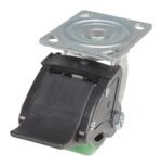 The Vestil 4X2 Polyolefin Swivel W/ Total Brake has a green wheel, black brake with DURA and a star logo, on a silver-toned mounting plate for secure positioning.