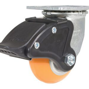 The Vestil 4X2 Aluminum Swivel W/ Total Brake has an orange rubber wheel, metal mounting plate, and black plastic brake lever for secure locking. It is designed for smooth mobility and easy attachment to a metal frame for versatile use.