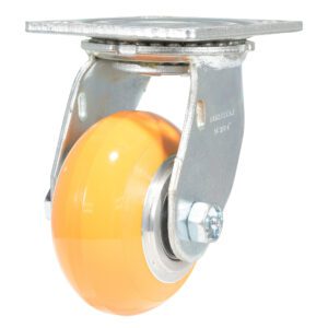 The Vestil 4X2 Aluminum Swivel, featuring a glossy orange wheel and metal bracket with mounting plate, is pictured on a white background. Its perfect for enhancing equipment or furniture mobility.