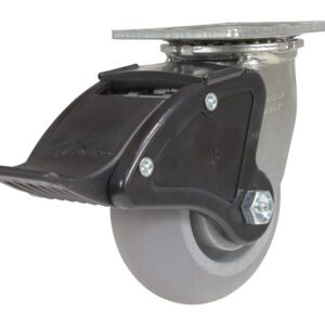 The Vestil 5X2 Polyolefin Swivel W/ Total Brake features a durable gray caster wheel with a black locking brake, and its sturdy metal mounting plate provides excellent mobility and stability for diverse uses.