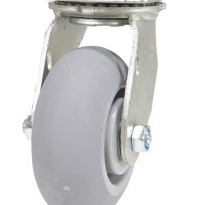 The Vestil 5X2 Polyolefin Swivel features a single gray wheel with a smooth surface, mounted on a sturdy metal plate and bracket for easy installation, secured by a bolt and nut.