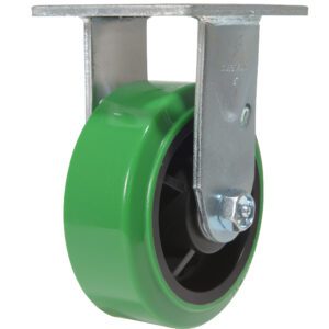 The green wheel caster with a sleek Vestil 5X2 Polyolefin Rigid design features a metal bracket for mounting and is attached by a central bolt for smooth swiveling. The shiny metallic finish enhances the appeal of its metal parts.