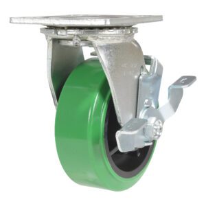 The Vestil 5X2 Polyolefin Swivel W/ Brake features a green rubber tire on a metallic swivel bracket with a locking mechanism, and it has a flat metal plate for easy attachment to surfaces or objects.
