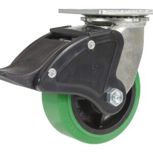 The Vestil 5X2 Polyolefin Swivel W/ Total Brake caster features a green tire, black body, and a metal mounting plate. Its 5-inch size ensures versatile use.