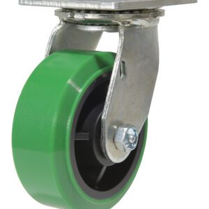 The Vestil 5X2 Polyolefin Swivel offers a green design with a metal mounting plate and bracket. Secured by a bolt, it smoothly rotates on a metal frame, and the mounting plate has four holes for easy surface attachment.