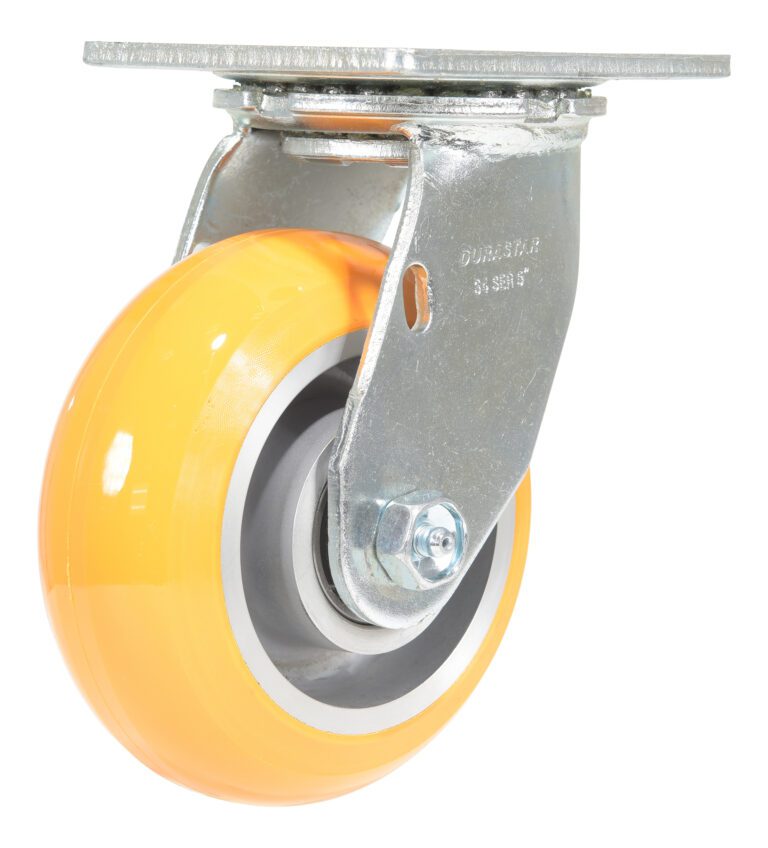 A close-up of the Vestil 5X2 Aluminum Swivel showcases its bright yellow rubber tire and sleek silver metal bracket, ideal for enhancing furniture or equipment mobility.