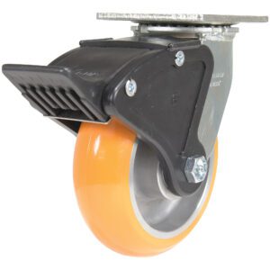 The Vestil 6X2 Aluminum Swivel W/ Total Brake boasts an orange rubber tire, a strong metal frame, and a sleek black brake mechanism for stability and style against a white backdrop.