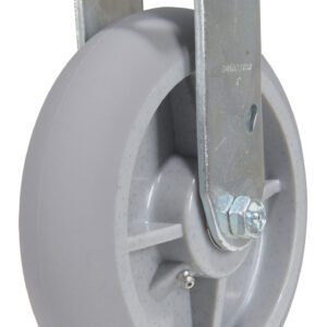 A single Vestil 8X2 Polyolefin Rigid gray caster wheel features a metal bracket and axle bolt. Its smooth surface facilitates equipment movement, while the shiny metallic bracket ensures suitability for heavy-duty use.