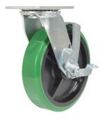 A green rubber caster wheel resembling the Vestil 8X2 Polyolefin Swivel W/ Brake features a metal bracket, locking mechanism, and metal plate mount for furniture or equipment, with a side-visible locking lever.