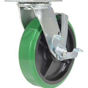 A green rubber caster wheel resembling the Vestil 8X2 Polyolefin Swivel W/ Brake features a metal bracket, locking mechanism, and metal plate mount for furniture or equipment, with a side-visible locking lever.