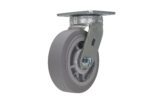 The Vestil 6 X 2 Tpr/Polyolefin Hub Swivel caster features a smooth gray wheel with a sturdy metal bracket and mounting plate, providing easy rotation and movement.