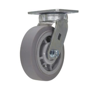 The Vestil 6 X 2 Tpr/Polyolefin Hub Swivel caster features a smooth gray wheel with a sturdy metal bracket and mounting plate, providing easy rotation and movement.