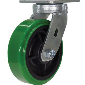The Vestil 6 X 2 Poly/Polyolefin Hub Swivel wheel has a green hub with a metal swivel bracket and mounting plate. Its black inner part is secured with a visible nut and bolt, providing smooth maneuverability.
