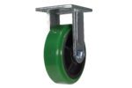 The Vestil 6 X 2 Duratough Ptu, Rigid is a green industrial wheel with a black interior mounted on a metal bracket with a rectangular plate, perfect for heavy-duty uses.