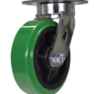 The Vestil 6 X 2 Duratough Ptu, Swivel features a green swivel caster wheel with a shiny metal mounting plate and bracket. Its black interior is designed to enhance mobility and support furniture or equipment.