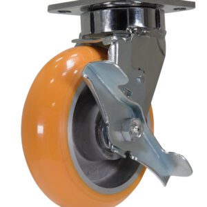 The Vestil 6 X 2 Sirius Pu, Swivel W/Brake has a silver swivel caster with an orange rubber tire and mounted brake, securely attached to a flat metal plate for easy fastening.