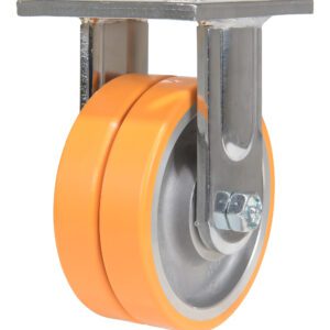 The Vestil 5X2 Polyurethane Sirius Dual Rigid Caster features dual orange wheels and a metal swivel with a mounting plate. Built for heavy-duty applications, its sturdy frame and visible bolts ensure robust attachment and durable performance.
