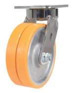 The Vestil 6X2 Polyurethane Sirius Dual Swivel Caster boasts a swiveling design with a solid metal mounting plate and dual orange rubber wheels, showcasing its durable frame and precise components.