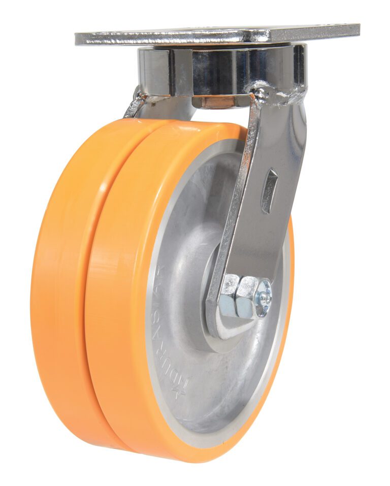 The Vestil 6X2 Polyurethane Sirius Dual Swivel Caster boasts a swiveling design with a solid metal mounting plate and dual orange rubber wheels, showcasing its durable frame and precise components.