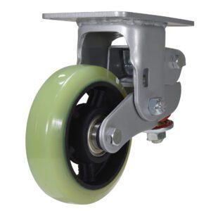 The Vestil 6X1.75 Polyurethane Rigid caster wheel, designed with a metal mounting plate and green rubber tire, features a swiveling metal bracket for easy rotation, securely attaching to furniture or equipment with visible bolts.