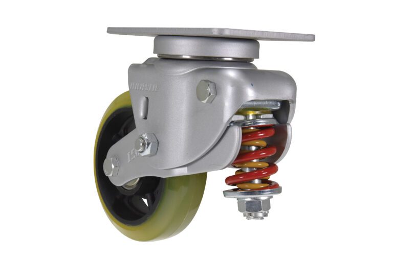 CST-G80-6X2PU-S_A.jpg The Vestil 6X1.75 Polyurethane Swivel caster features a metal bracket, a black and yellow polyurethane wheel, red and yellow coil spring suspension for enhanced shock absorption, and a robust mounting plate on top.