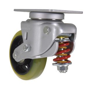 The Vestil 6X1.75 Polyurethane Swivel caster features a metal bracket, a black and yellow polyurethane wheel, red and yellow coil spring suspension for enhanced shock absorption, and a robust mounting plate on top.