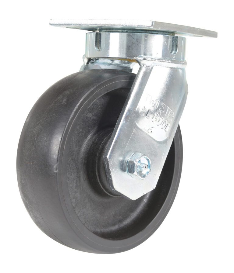 The Vestil 6X2 Glass Filled Nylon Heavy Duty Swivel Caster features a durable wheel on a shiny metal plate, ensuring smooth rotation for improved furniture or equipment mobility.