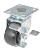 The Vestil 4X2 Glass Filled Nylon Light Duty, Swb caster is highlighted with a black rubber wheel, featuring a top mounting plate and side brake lever for 360-degree mobility in light-duty applications.