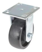 The Vestil 5X2 Glass Filled Nylon Light Duty caster wheel, in a rigid design, is mounted on a metal plate with four screw holes. Its black finish and durable construction make it ideal for furniture or equipment mobility.