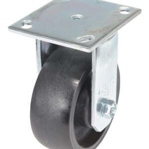 The Vestil 5X2 Glass Filled Nylon Light Duty caster wheel, in a rigid design, is mounted on a metal plate with four screw holes. Its black finish and durable construction make it ideal for furniture or equipment mobility.