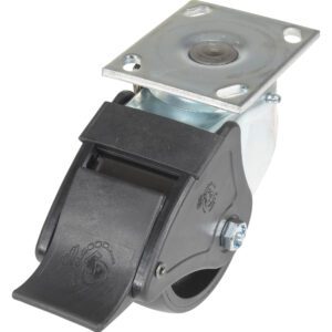 The Vestil 5X2 Glass Filled Nylon Light Duty caster includes a swivel/lock system and a sturdy black plastic brake lever on a metal plate with four holes. Its black wheel is encased for durability, ensuring reliability.