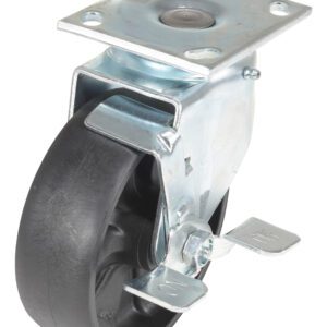 The Vestil 6X2 Glass Filled Nylon Light Duty,Swb caster has a metal swivel design with a black rubber wheel, featuring a top-mounted plate and side brake for secure locking.