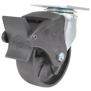 The Vestil 6X2 Glass Filled Nylon Light Duty Swivel/Lock caster features a black wheel and metal mounting plate, with a swivel/lock foot pedal for stability. Ideal for industrial or furniture use, it offers excellent maneuverability and security.