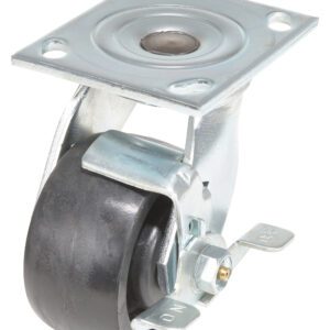The Vestil 4X2 Glass Filled Nylon (Rollx) Swivel W/ Brake has a rectangular metal mounting plate, a black wheel and shiny silver frame, and includes an ON and OFF lever for its robust locking mechanism.