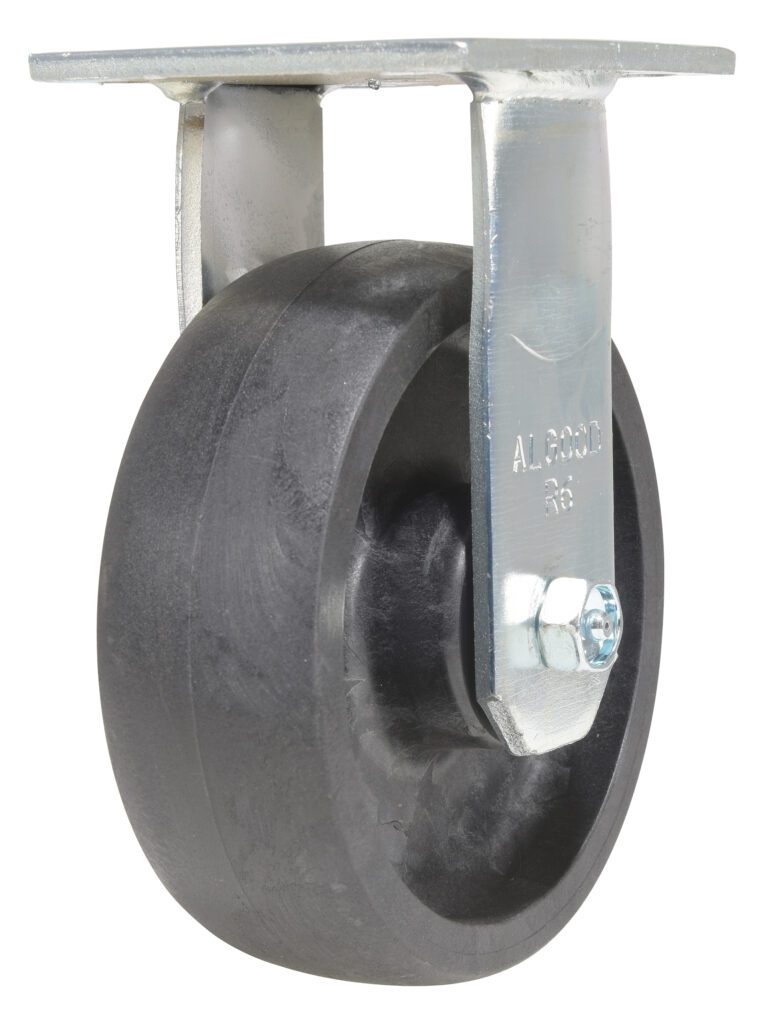 The Vestil 6X2 Glass Filled Nylon (Rollx) Rigid wheel has a solid, cylindrical design with a metal bracket and swivel plate. A silver bolt and nut are visible on the inscribed mounting bracket, enhancing the durability of this black wheel.