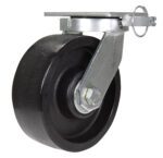 This swivel caster, with a black rubber wheel and top mounting plate, includes a locking mechanism. Its durable like the Vestil 8X3 Glass Filled Nylon W/4 Position Lock and attaches securely with a metal bracket.