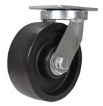 A large black Vestil 8X3 Glass Filled Nylon swivel caster with silver bracket, mounted on a square metal plate. Ideal for furniture or equipment, it features a robust metal bracket with visible bolt and nut for secure assembly.