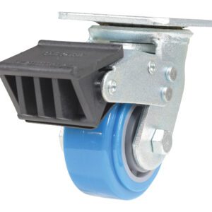 The Vestil 4X2 Polyurethane Swivel Caster W/Total Brake has a blue wheel in a metal frame, with a black plastic brake for secure stops.