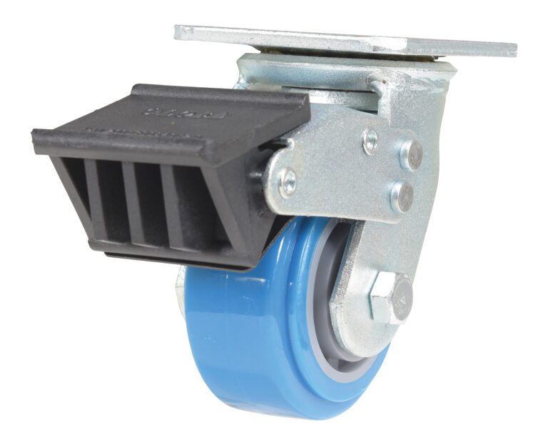 The Vestil 4X2 Polyurethane Swivel Caster W/Total Brake has a blue wheel in a metal frame, with a black plastic brake for secure stops.