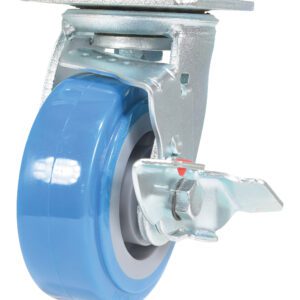 The Vestil 5X2 Polyurethane Swivel Caster W/Brake has a blue wheel with a gray hub on a metal plate, featuring a dependable locking mechanism for stability, ideal for various uses.