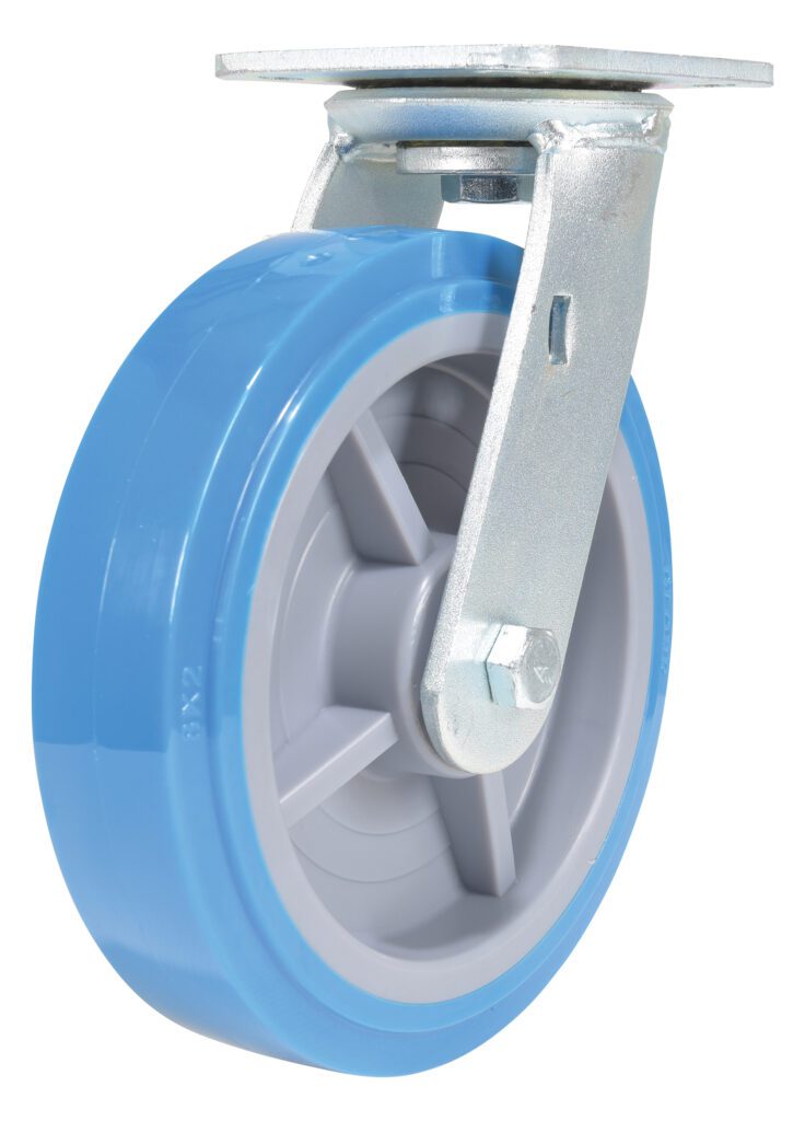 CST-KB-8X2PUP-S_A.jpg The Vestil 8X2 Polyurethane Swivel Caster showcases a blue wheel with a gray center and sturdy metal bracket. Providing effortless rotation and mounting, its ideal for furniture or industrial carts. The metal bracket includes a mounting plate and hardware for secure attachment.