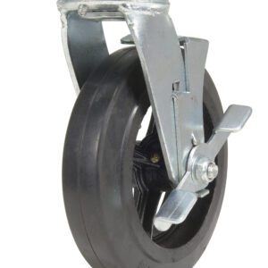 The Vestil 8X2 Mold On Rubber Swivel W/ Brake Caster, with a metal bracket and black rubber tire, includes a mounting plate for industrial use, offering stability and control through its robust braking mechanism.