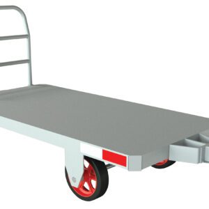 The Vestil Caster Steer Towable Trailer 72 In 4K Lb is a flatbed trolley with a robust metal frame, four red wheels, and can transport up to 4,000 lb. It features a handlebar at one end, a towing attachment at the other, and has a sleek light gray 72-inch rectangular surface.