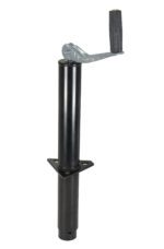 The Vestil Top Crank Trailer Jack 2000 Lb Capacity features a black manual design with a crank handle, metal arm with rubber grip, and vertical orientation. Its wide base ensures stability during use.