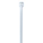 A vertical white MH-USA 11 40 Lbs Cable Tie with a ridged surface and square locking head, against a plain background. (1000/Case) Natural.