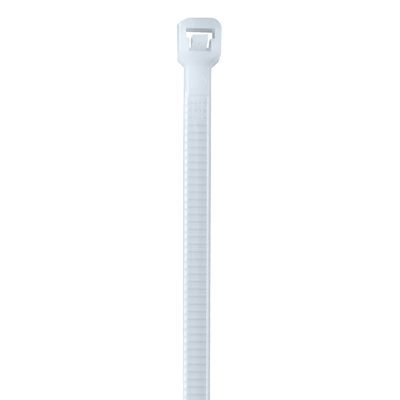 CT1140.jpg A vertical white MH-USA 11 40 Lbs Cable Tie with a ridged surface and square locking head, against a plain background. (1000/Case) Natural.
