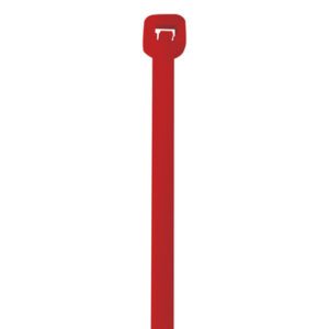 A close-up of a red 14 MH-USA cable tie (50 lbs), vertically positioned with its locking mechanism shown, from a set of 1000, against a plain white background.